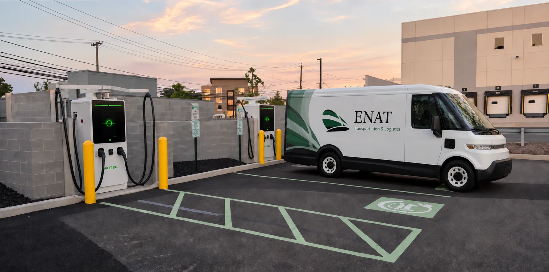 ENAT electric cargo van parked beside two Autel charging stations