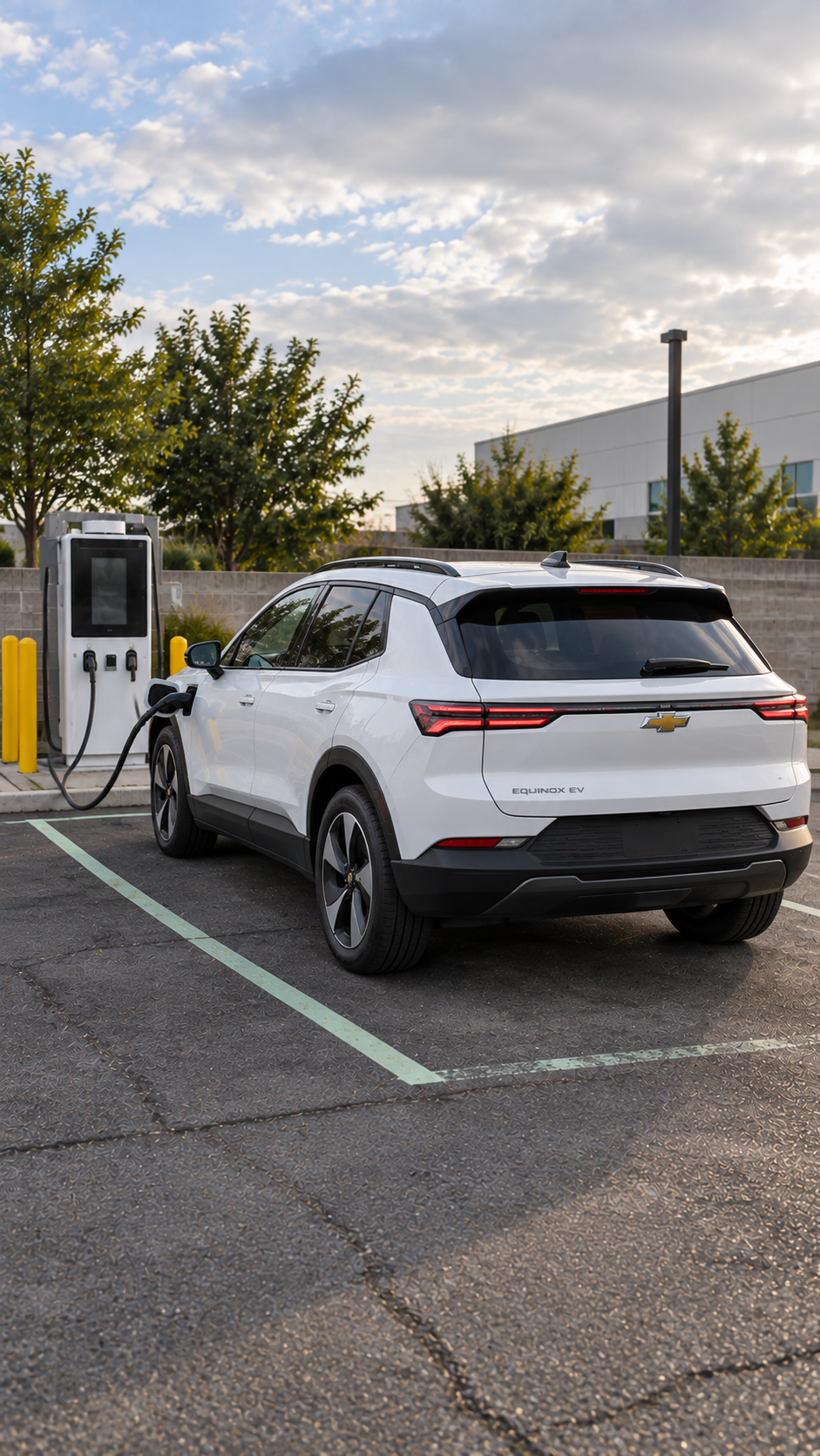 White Chevrolet Equinox EV connected to a charging station